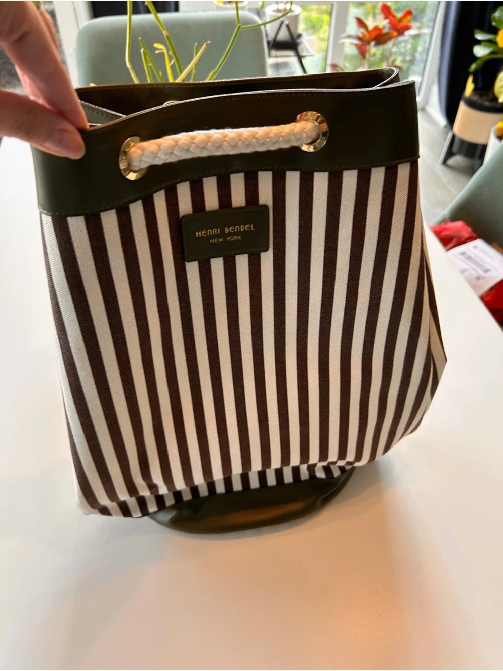 henri bendel Brown and White Striped Duffel with Rope Handles